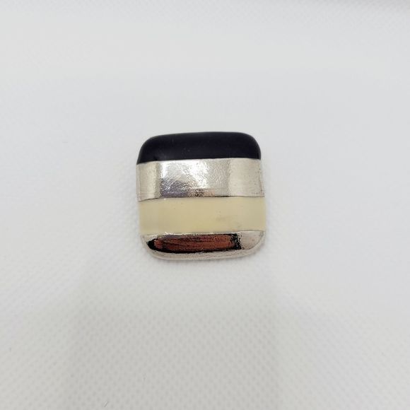 Retro Mid-Century Square Striped Pin Silver Black Ivory Enamel - Picture 3 of 5